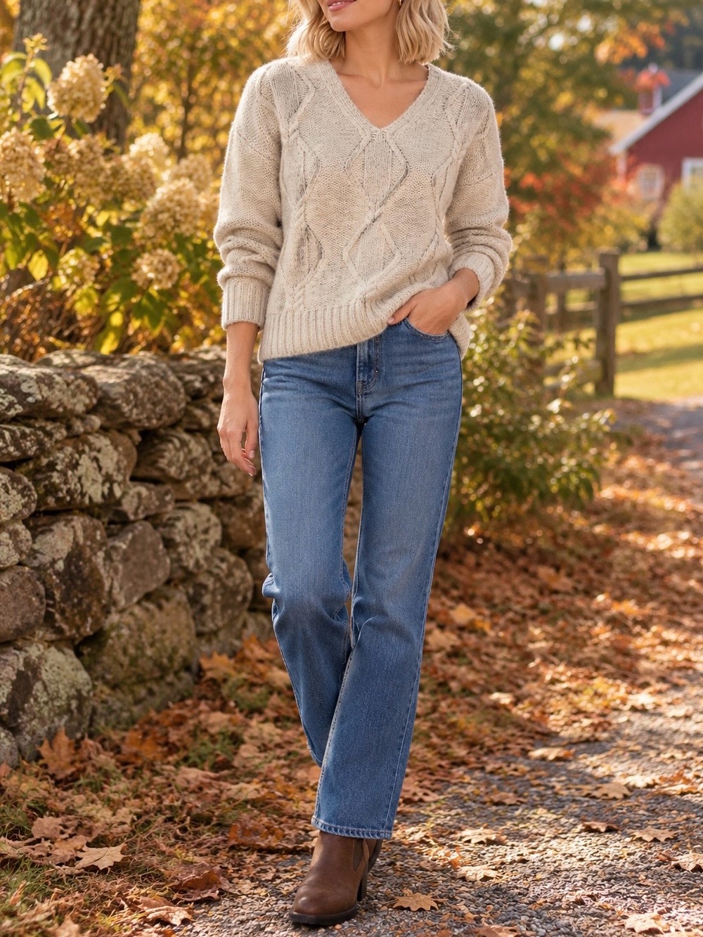 H&M V-Neck Cable-Knit Sweater Cream Large